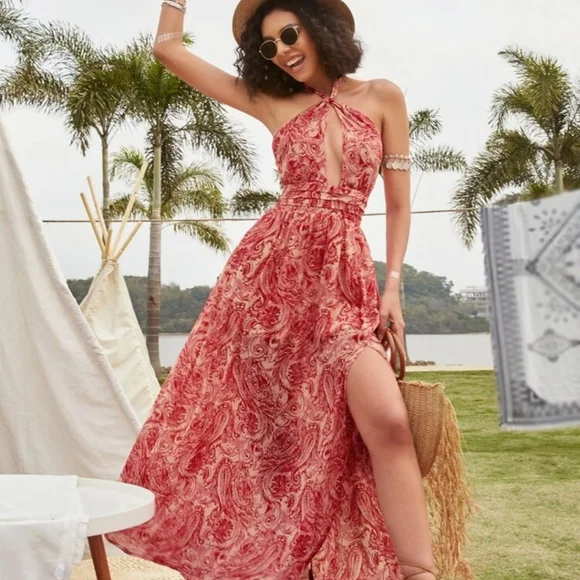 Shein Dresses | Paisley Print Split Thigh Backless Halter Dress - Size L | Color: Red | Size: L | Bmar_32's Closet